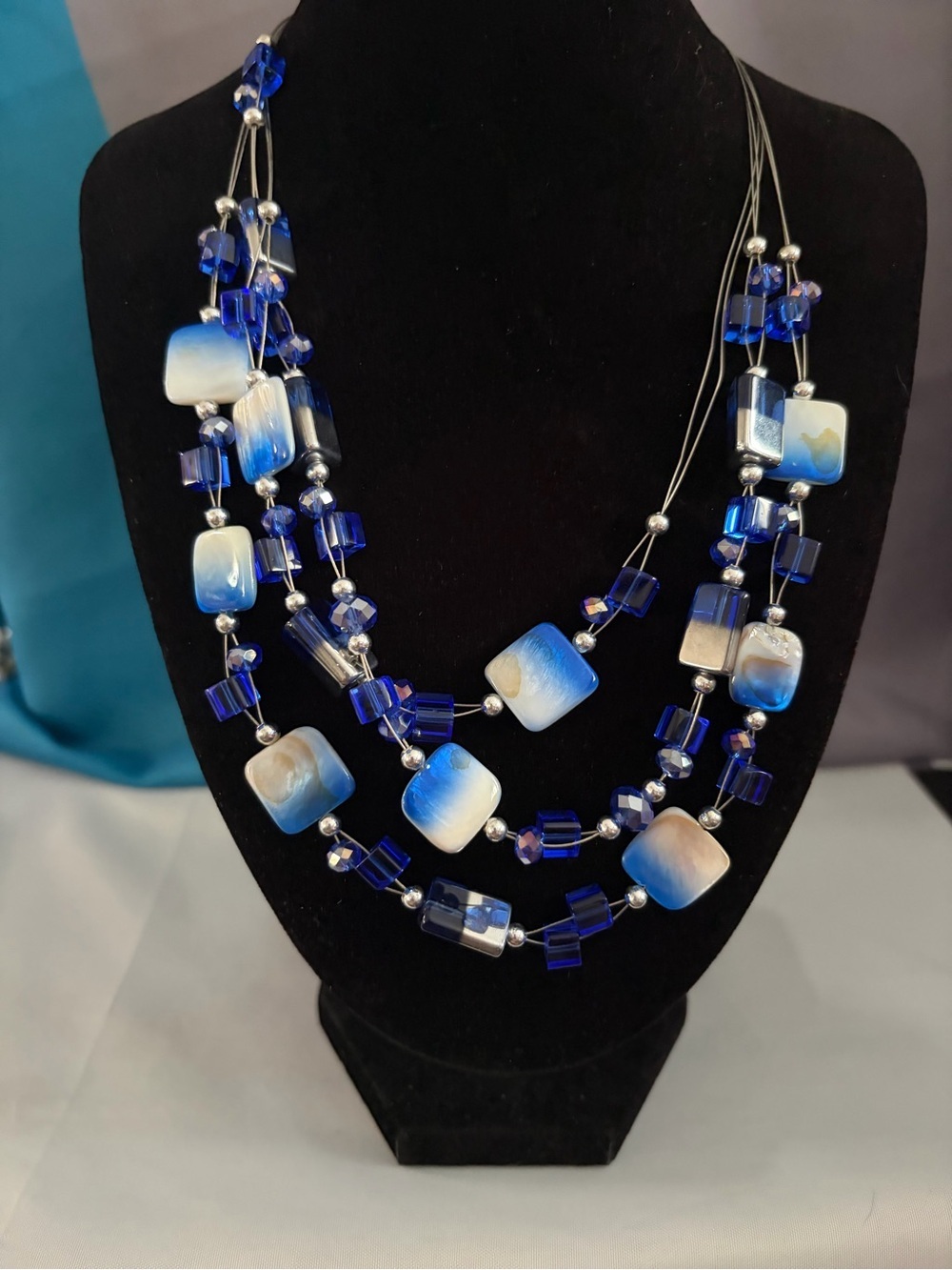 Blue Gradient Multi-Strand Beaded Necklace